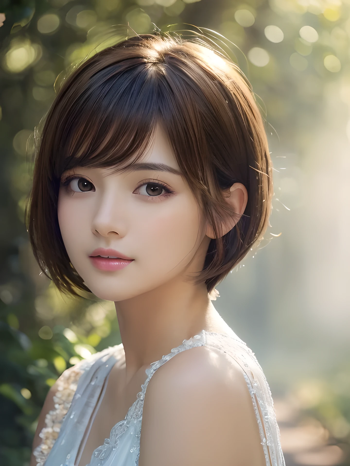 masterpiece, highest quality, High resolution, wallpaper, realistic, (bright lighting:1.4), professional lighting, face light, smooth lighting, shoot from front, 1 girl, closeup-face, cute, sleepy, open mouth to say something, shy, Beautiful girl, gravure, sexy, super beautiful, beautiful skin, beautiful and detailed eyes、detailed face、slim、moderately, pixie cut, brunette colored hair, brown eyes, Professional Photography, Bokeh, Portrait, The morning sunlight shines through the misty forest path.