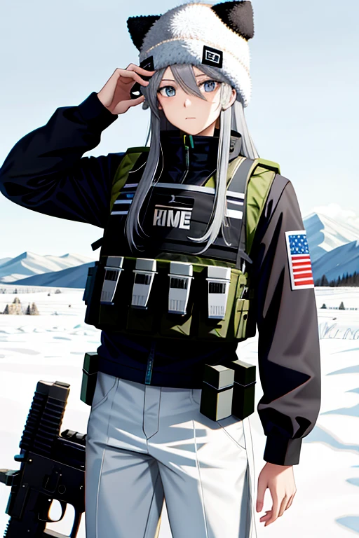 multi-color haired, two toned hair, young male, water in the background, surrounded by grass, gun holster on hip, beach background, black shirt, bangs covering head, medium length hair, grey pants, one male, lean build, wearing beanie