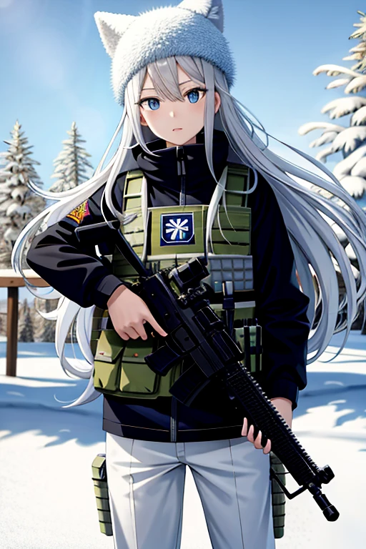 masterpiece, highest quality, High resolution, anime, art, Brush Sticker, Long Hair, Gray Hair, blue eyes. Camouflage, Bulletproof vest, Fluffy white winter hat, Camouflage white pants, Severe, Gun in hand, Outdoor, snowy mountain, snow, Flowers