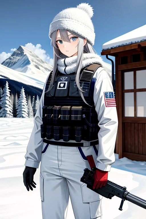 masterpiece, highest quality, High resolution, anime, art, Brush Sticker, Long Hair, Gray Hair, blue eyes. Camouflage, Bulletproof vest, Fluffy white winter hat, Camouflage white pants, Severe, Gun in hand, Outdoor, snowy mountain, snow, Flowers