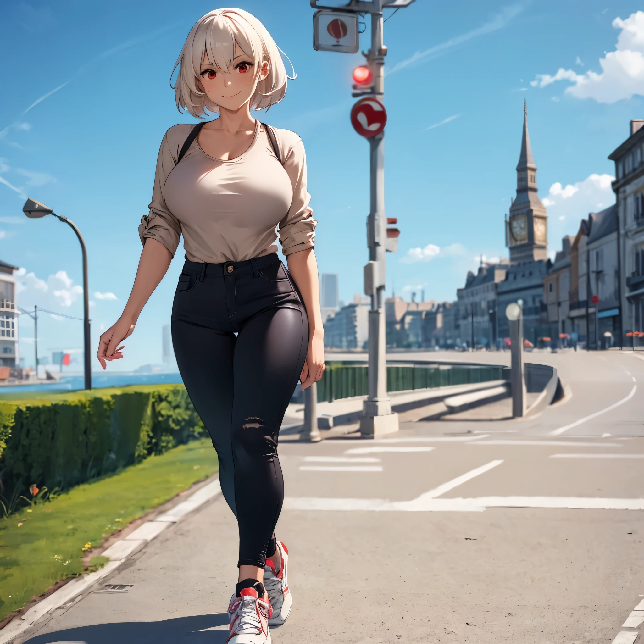 A woman wearing a casual beige shirt with kanji writing on the shirt, black jeans, casual sneakers, walking on a London promenade, blurred background, red eyes, smiling, big breasts, short white hair,. drop shadow, anaglyph, stereogram, tachi-e, point of view, atmospheric perspective, 8k, superdetail, accurate, best quality, award-winning, textured skin, high resolution, anatomically correct, bokeh effect, (( solo woman).
