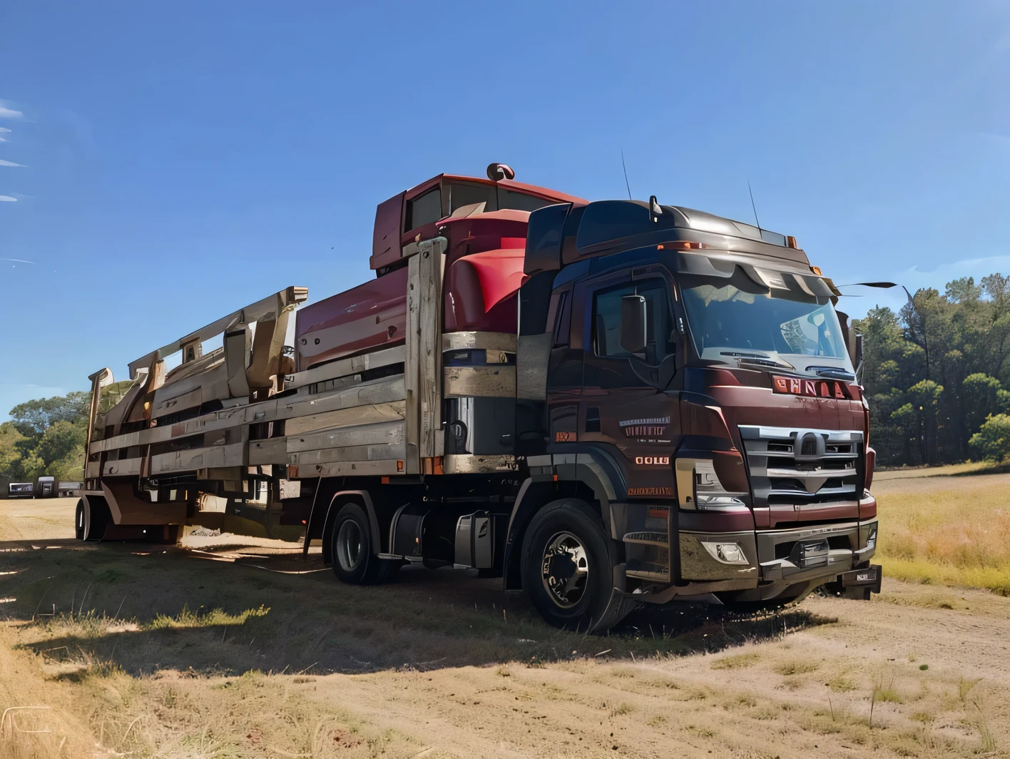 there is a large truck with a red truck on the back, trailer, truck, Full equipment, full - see, Incredible depth, By Matthew Smith, hdt, By Evan Ranger, versatile, front full, front, 8 km'', 8k'', front side view, fully symmetrical, Jin Yiwei, Uploaded