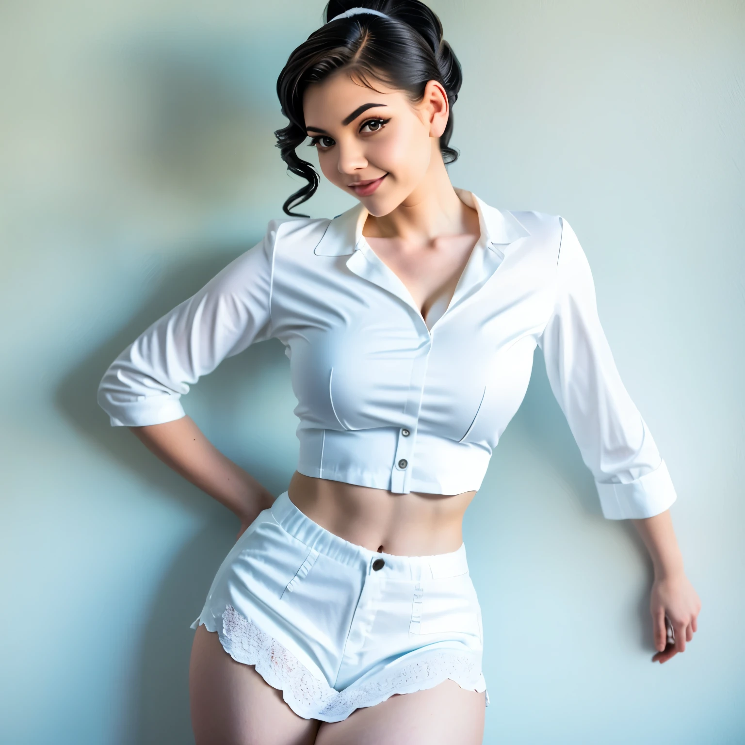 araffe woman in a white blouse and black leather skirt, 1950s vibes, pinup style, eighties pinup style, sixties pinup, eighties-pinup style, 50s style, 5 0 s style, white blouse, white russian clothes, pin up, white silky outfit, gil elvgren style, rockabilly style, retro pinup model, pinup