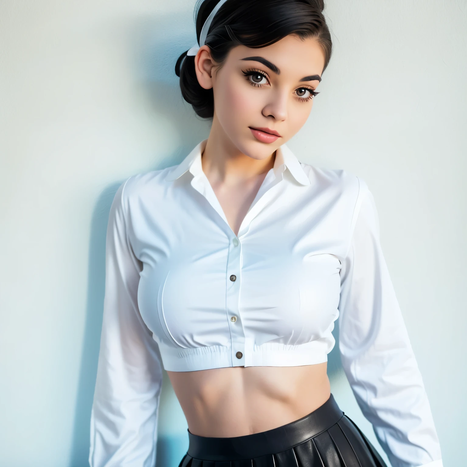 araffe woman in a white blouse and black leather skirt, a portrait inspired by Evaline Ness, tumblr, pop art, 1950s vibes, pinup style, eighties pinup style, sixties pinup, eighties-pinup style, 5 0 s style, 50s style, white blouse, pin up, white russian clothes, white silky outfit