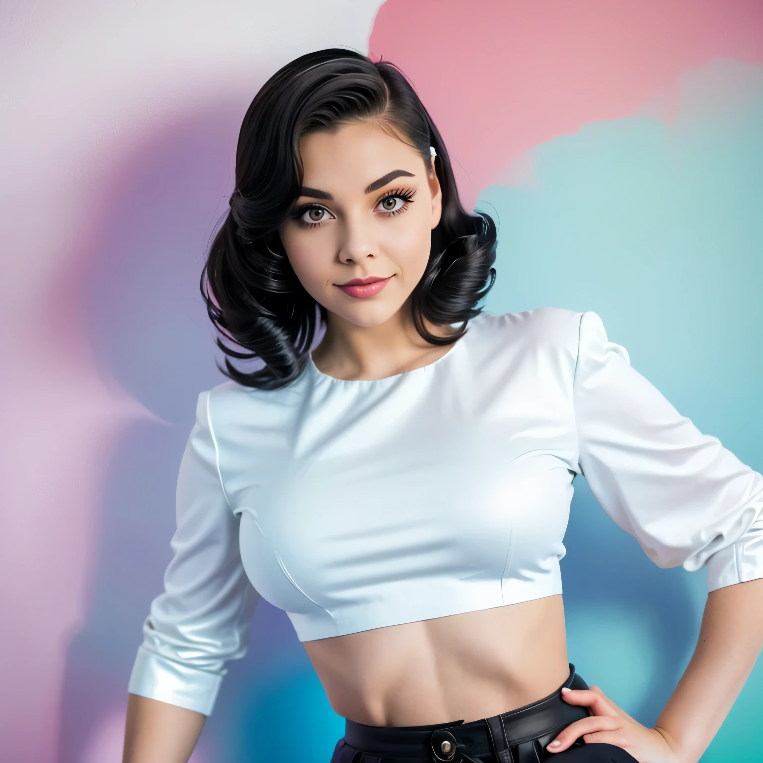 araffe woman in a white blouse and black leather skirt, a portrait inspired by Evaline Ness, tumblr, pop art, 1950s vibes, pinup style, eighties pinup style, sixties pinup, eighties-pinup style, 5 0 s style, 50s style, white blouse, pin up, white russian clothes, white silky outfit