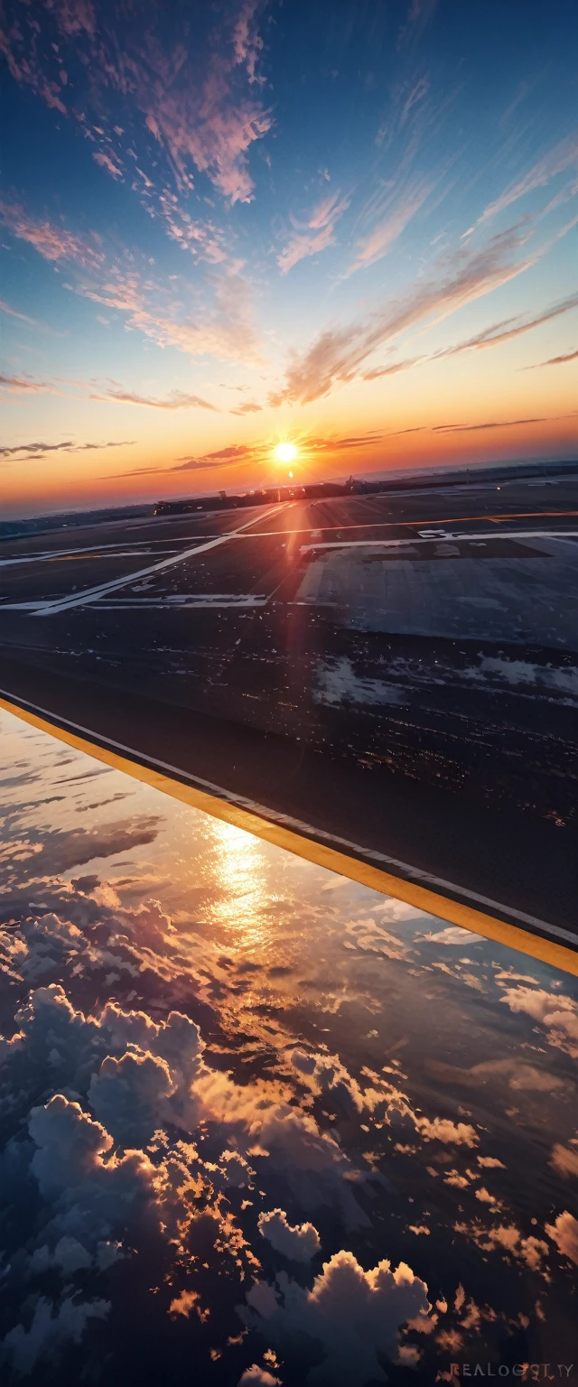 Lying on the runway, I could see the end of the earth.、From a super low angle, the runway appears to be connected to the open sky、The gradation of the sunset sky is beautiful、Breathtaking sights、A sight that will take your breath away、((masterpiece、super highest quality、Realistic、real photo style))、The backlight is beautiful