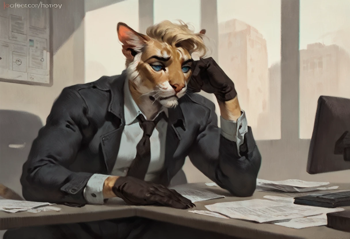 Male blond cat, by honovy, blue eyes, short hair, handsome, pants, detective shirt, jacket, bored pose, bored expression, short beard, office, detective aesthetic, gloves, solo, dark.ambience