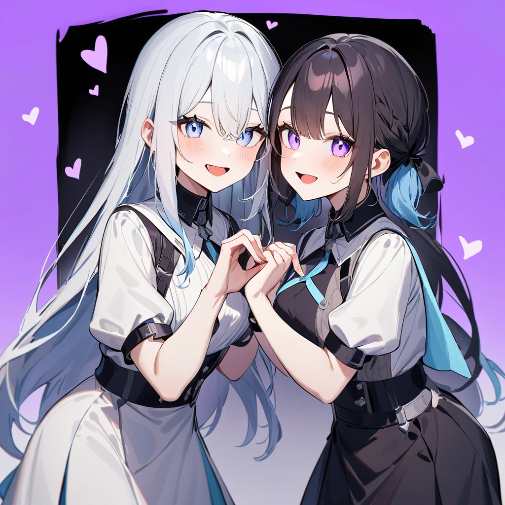 {{2girls}},masterpiece,best quality,very aesthetic,absurdres,cowboy shot,lightcolor,darkcolor,heart_hands_duo,light hair,dark hair,White hair,light blue hair,light blue eyes,Lovely,(purple heart)