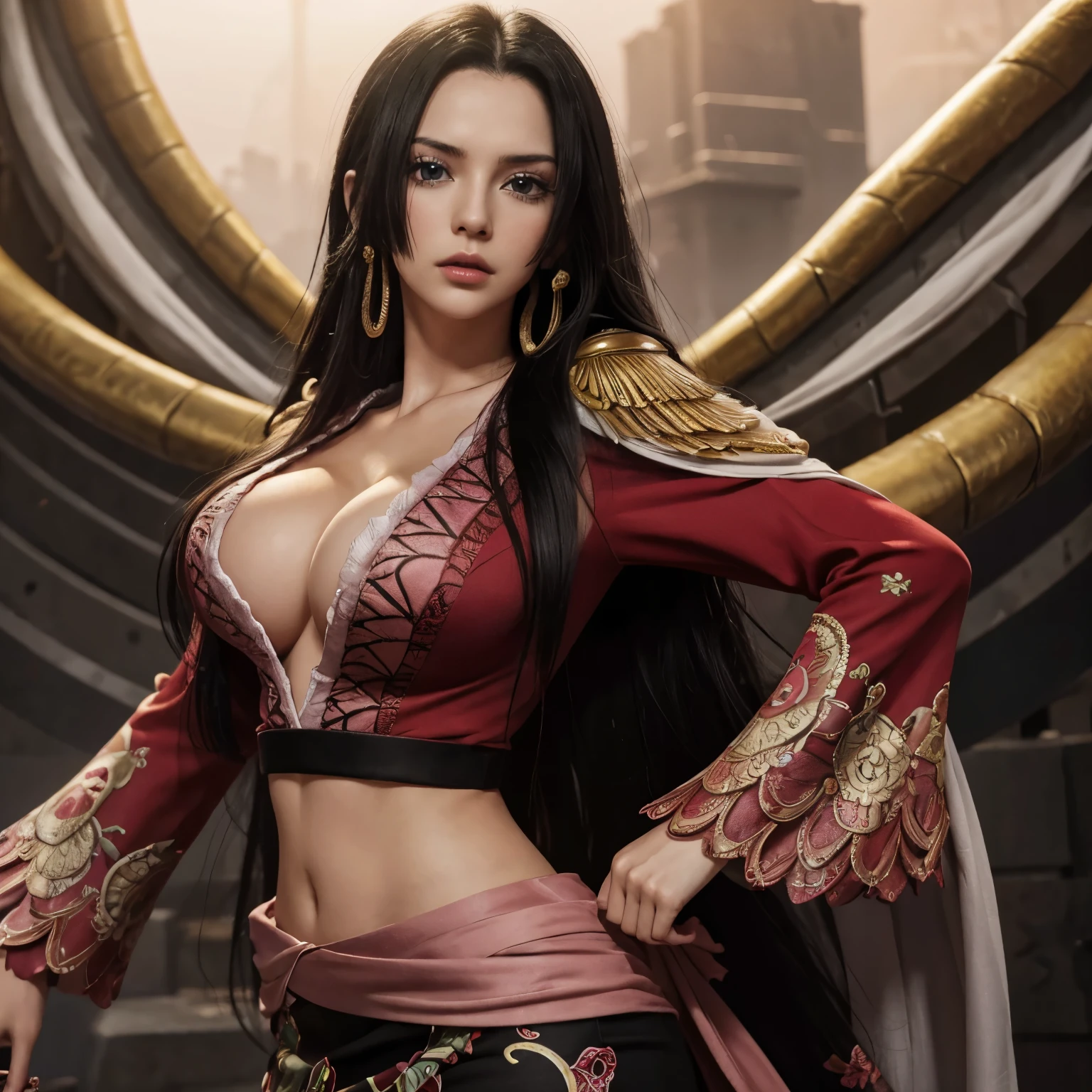 (((masterpiece+highest quality+High resolution+Very detailed))), Boa Hancock, long, silky black hair, High nose, Sharp eyes, A noble and inviolable character, solo, (([woman]: 1.2 + [beauty]: 1.2 + Long black hair: 1.2)), skull_snake background, Bright Eyes, Dynamic angles and postures, wallpaper, ((natural big breasts:1.2)), ((sexy)), outdoor, pirate ship.
