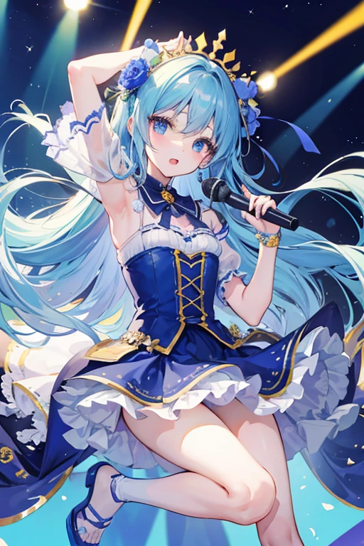 toddler girl,idol costume,Blue eyes, big eyes,droopy eyes, With blue flower corsage ,Slender body, full body, White long hair,on the stage,idle concert, open mouth, singing, {{{{{detailed face}}}}}, photorealistic, detailed body, ultra-detailed, best quality