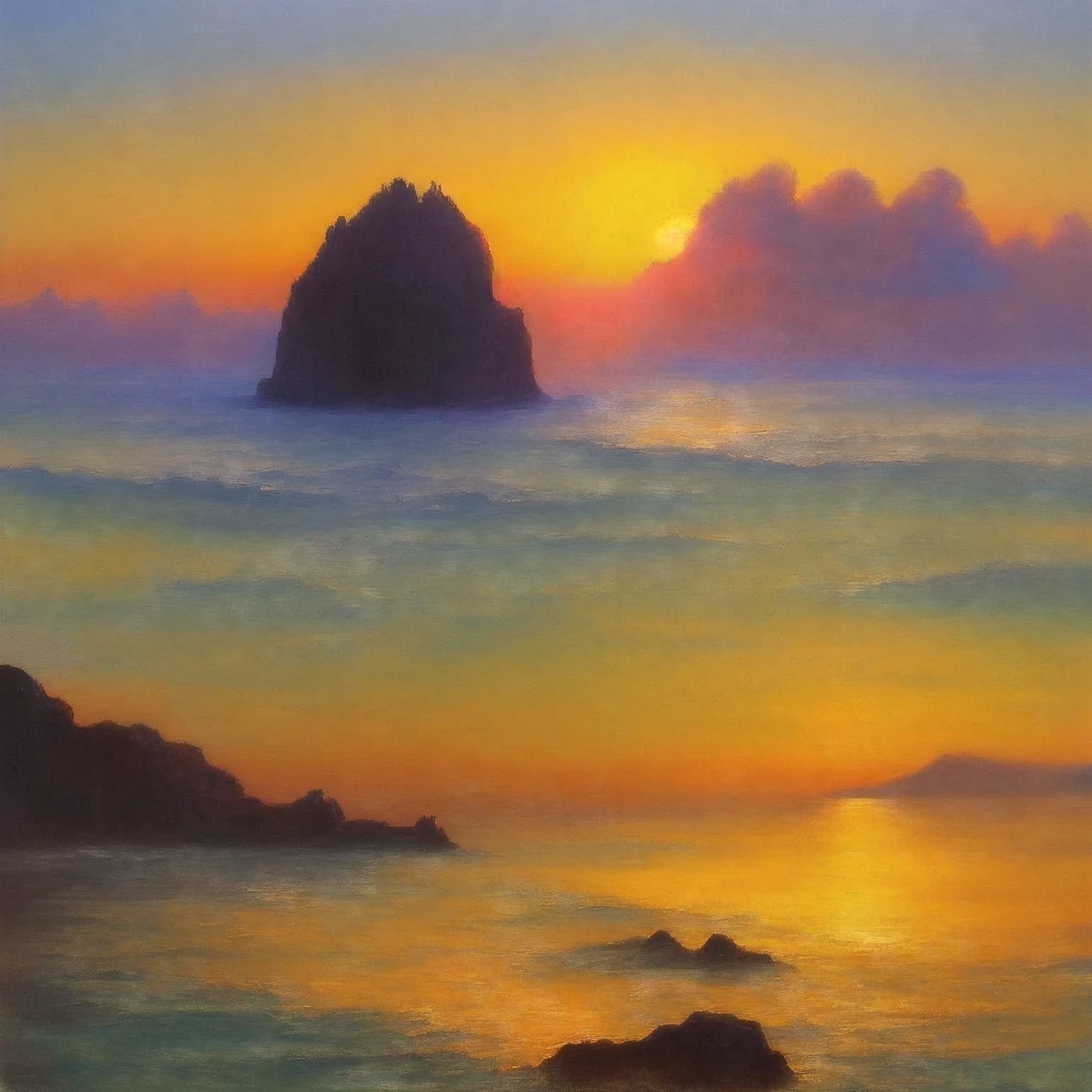 Monet Landscape Painting，sunrise at sea，Haystack，The fog rises，Oil painting effect，Impressionism