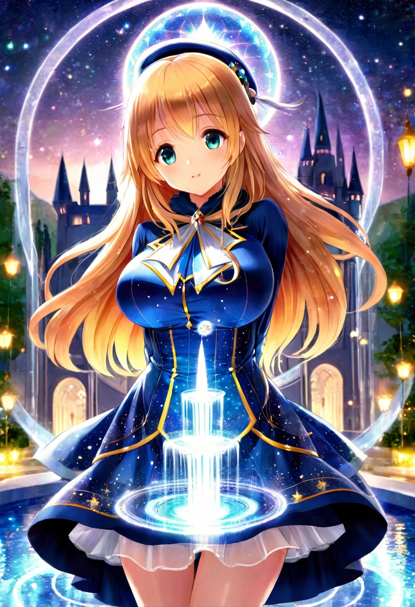 see-through, top quality, masterpiece, super detailed, cute girl, big , girl in wizard dress, starry fountain, land of gods, magic circle