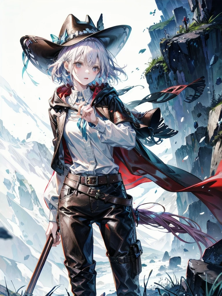 cool cowgirl, fantasy adventurer, cowboy hat, decorated hooded armor jacket, cross belt, Brown leather pants, Red leather long boots, absurdres, RAW photo, extremely delicate and beautiful, masterpiece, Best Quality, ultra high resolution, 32k, hyperrealistic, ultra-detailed, detailed description, pale skin, 20 years old, tearful mole, earring, short medium hair, wavy hair, whole body shot,
