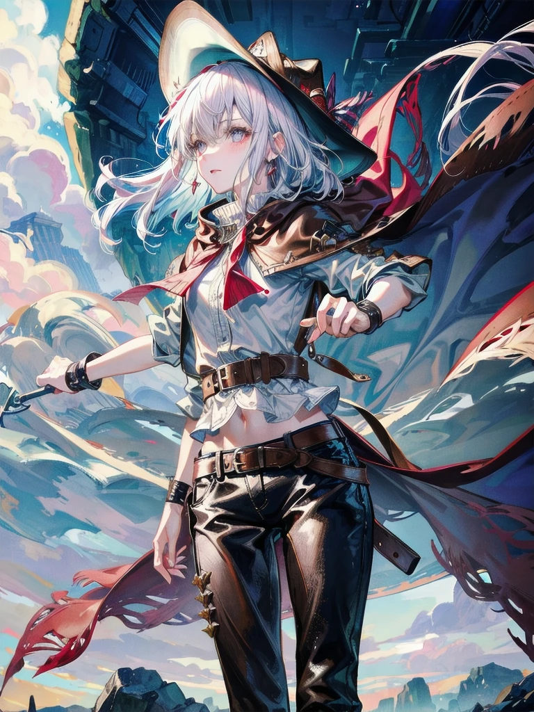 cool cowgirl, fantasy adventurer, cowboy hat, decorated hooded armor jacket, cross belt, Brown leather pants, Red leather long boots, absurdres, RAW photo, extremely delicate and beautiful, masterpiece, Best Quality, ultra high resolution, 32k, hyperrealistic, ultra-detailed, detailed description, pale skin, 20 years old, tearful mole, earring, short medium hair, wavy hair, whole body shot,