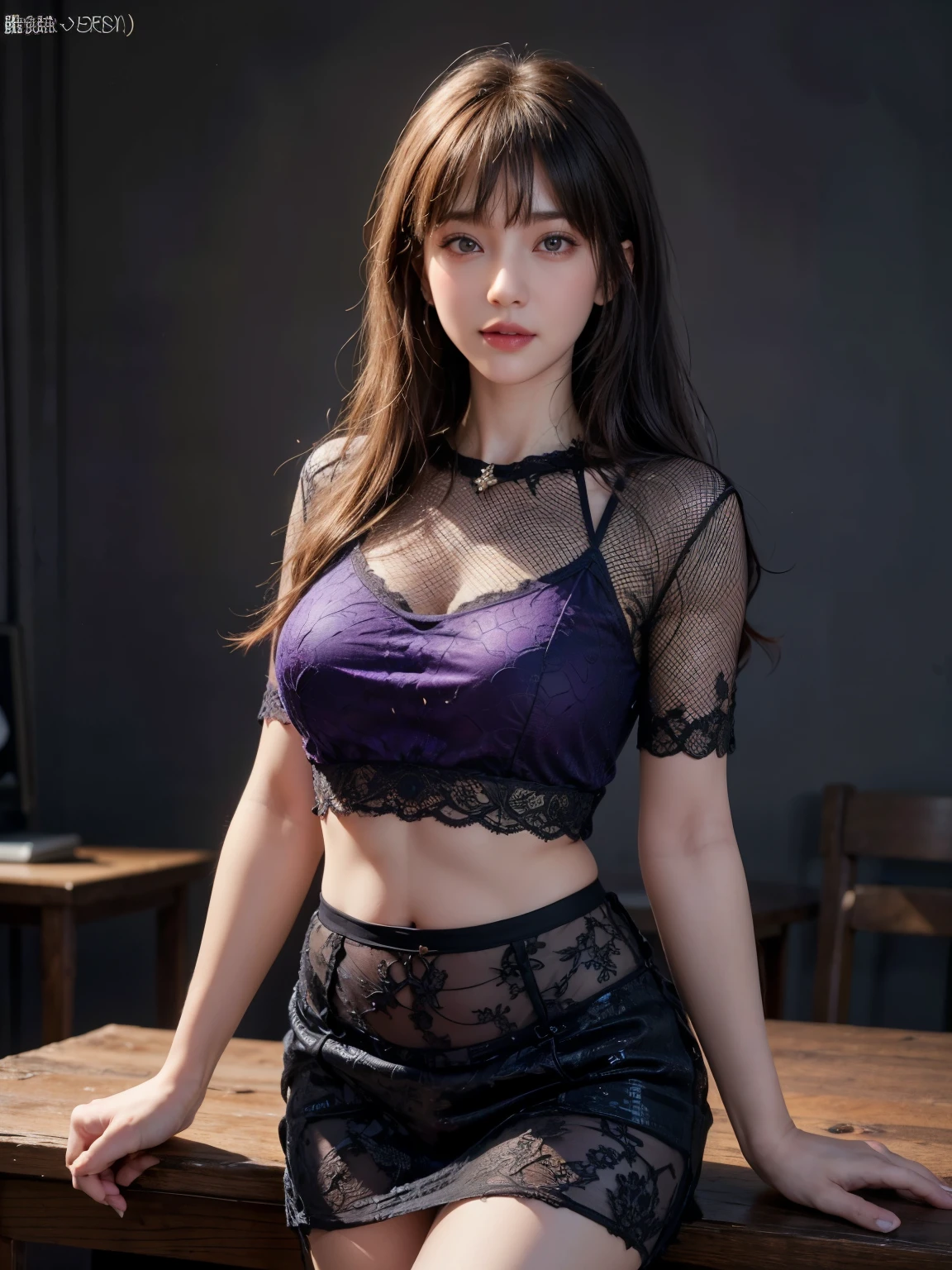 (8k, RAW Photos, highest quality, masterpiece:1.2), Super Resolution, (Realistic, Realistic Photo:1.37), Head to toe, High-resolution RAW color photos, Professional photos, Very detailed, 8k wallpaper, Amazing details, Very detailed美少女, Very detailed顔, Very detailed目, Very detailed肌, Very detailed指, Very detailed鼻, Very detailed詳細な口 , Very detailed脚, Perfect Anatomy, Very detailed背景, Very detailed衣服, 1 girl, (18:1.2), Age 25, Realistic body, Fair skin, Glowing Skin , Curly Hair, (bangs:1.2), smile, Cute Face, Realistic face, Delicate eyes, Purple Mesh Shirt, Short skirt, Earrings, Looking at the audience, Dynamic Lighting, Very large breasts,