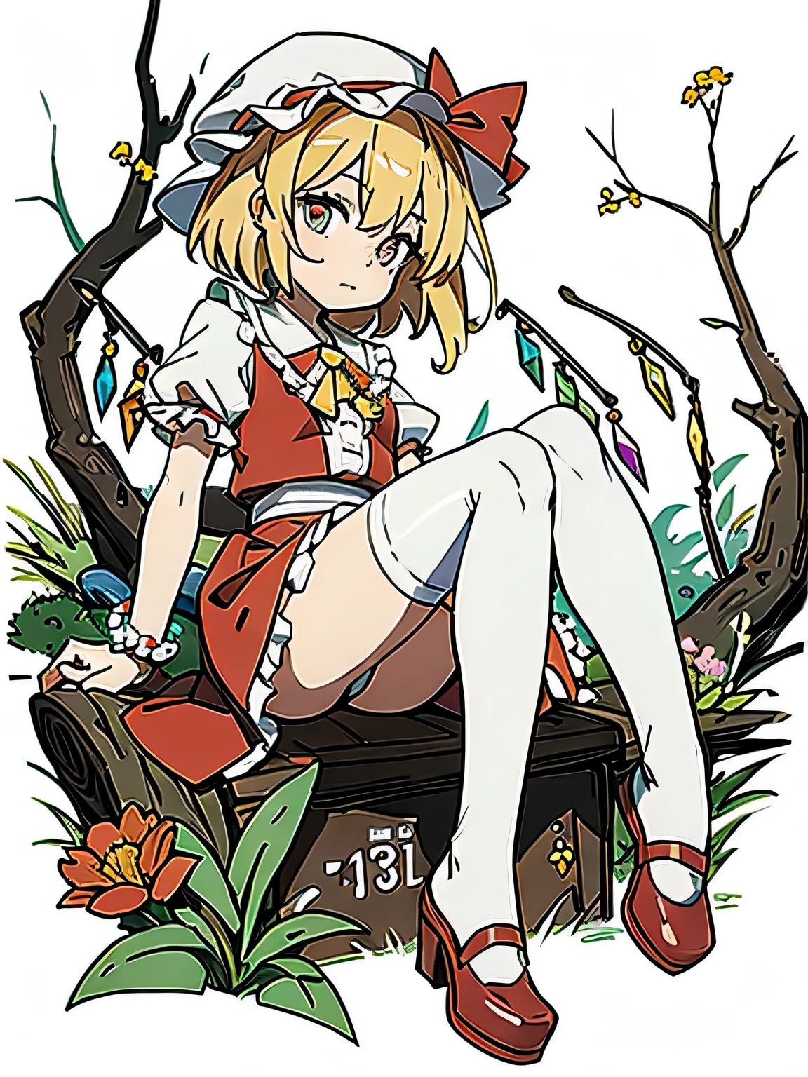 Flandre Scarlet、Touhou Project、Young、lovely、White Knee Highs、Crouch、slender、Drawers、forest、