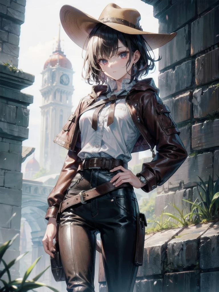 cool cowgirl, fantasy adventurer, cowboy hat, decorated hooded armor jacket, cross belt, Brown leather pants, Red leather long boots, absurdres, RAW photo, extremely delicate and beautiful, masterpiece, Best Quality, ultra high resolution, 32k, hyperrealistic, ultra-detailed, detailed description, pale skin, 20 years old, tearful mole, earring, short medium hair, wavy hair, whole body shot,