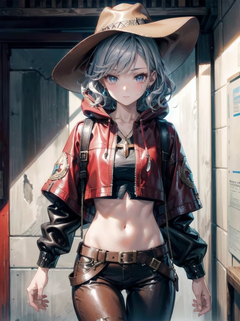 cool cowgirl, fantasy adventurer, cowboy hat, decorated hooded armor jacket, cross belt, Brown leather pants, Red leather long boots, absurdres, RAW photo, extremely delicate and beautiful, masterpiece, Best Quality, ultra high resolution, 32k, hyperrealistic, ultra-detailed, detailed description, pale skin, 20 years old, tearful mole, earring, short medium hair, wavy hair, whole body shot,