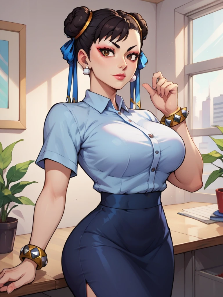 score_9, score_8_up, score_7_up, BREAK, chun-li, chunliSDXL,1girl, solo, big breasts, looking at viewer, black hair, brown eyes, jewelry, earrings, hair bun, black heels, bracelet, double bun, makeup, office lady outfit, shirt, white tight shirt, skirt, black pencil skirt, black tights, cowboy shot, upper body