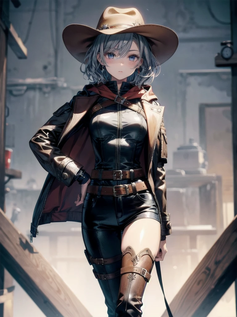 cool cowgirl, fantasy adventurer, cowboy hat, decorated hooded armor jacket, cross belt, Brown leather pants, Red leather long boots, absurdres, RAW photo, extremely delicate and beautiful, masterpiece, Best Quality, ultra high resolution, 32k, hyperrealistic, ultra-detailed, detailed description, pale skin, 20 years old, tearful mole, earring, short medium hair, wavy hair, whole body shot,