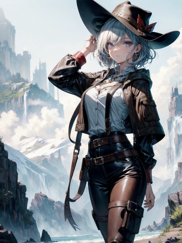 cool cowgirl, fantasy adventurer, cowboy hat, decorated hooded armor jacket, cross belt, Brown leather pants, Red leather long boots, absurdres, RAW photo, extremely delicate and beautiful, masterpiece, Best Quality, ultra high resolution, 32k, hyperrealistic, ultra-detailed, detailed description, pale skin, 20 years old, tearful mole, earring, short medium hair, wavy hair, whole body shot,