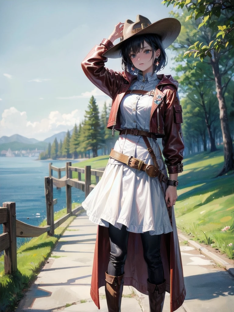 cool cowgirl, fantasy adventurer, cowboy hat, decorated hooded armor jacket, cross belt, Brown leather pants, Red leather long boots, absurdres, RAW photo, extremely delicate and beautiful, masterpiece, Best Quality, ultra high resolution, 32k, hyperrealistic, ultra-detailed, detailed description, pale skin, 20 years old, tearful mole, earring, short medium hair, wavy hair, whole body shot,
