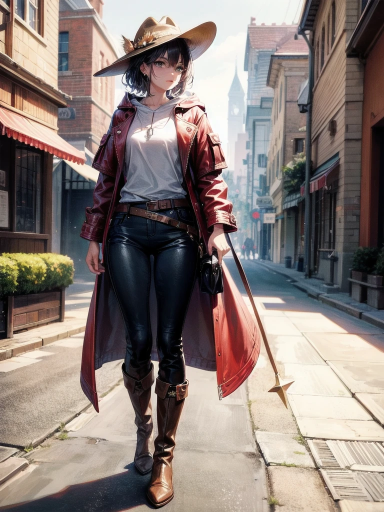 cool cowgirl, fantasy adventurer, cowboy hat, decorated hooded armor jacket, cross belt, Brown leather pants, Red leather long boots, absurdres, RAW photo, extremely delicate and beautiful, masterpiece, Best Quality, ultra high resolution, 32k, hyperrealistic, ultra-detailed, detailed description, pale skin, 20 years old, tearful mole, earring, short medium hair, wavy hair, whole body shot,