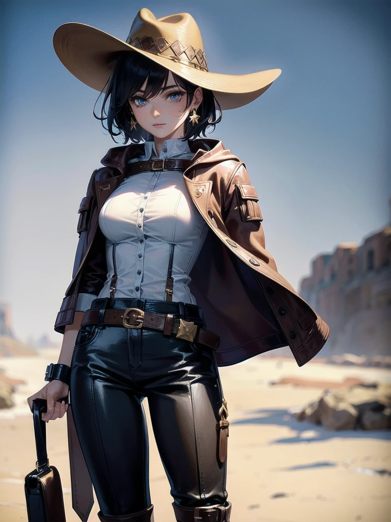 cool cowgirl, fantasy adventurer, cowboy hat, decorated hooded armor jacket, cross belt, Brown leather pants, Red leather long boots, absurdres, RAW photo, extremely delicate and beautiful, masterpiece, Best Quality, ultra high resolution, 32k, hyperrealistic, ultra-detailed, detailed description, pale skin, 20 years old, tearful mole, earring, short medium hair, wavy hair, whole body shot,