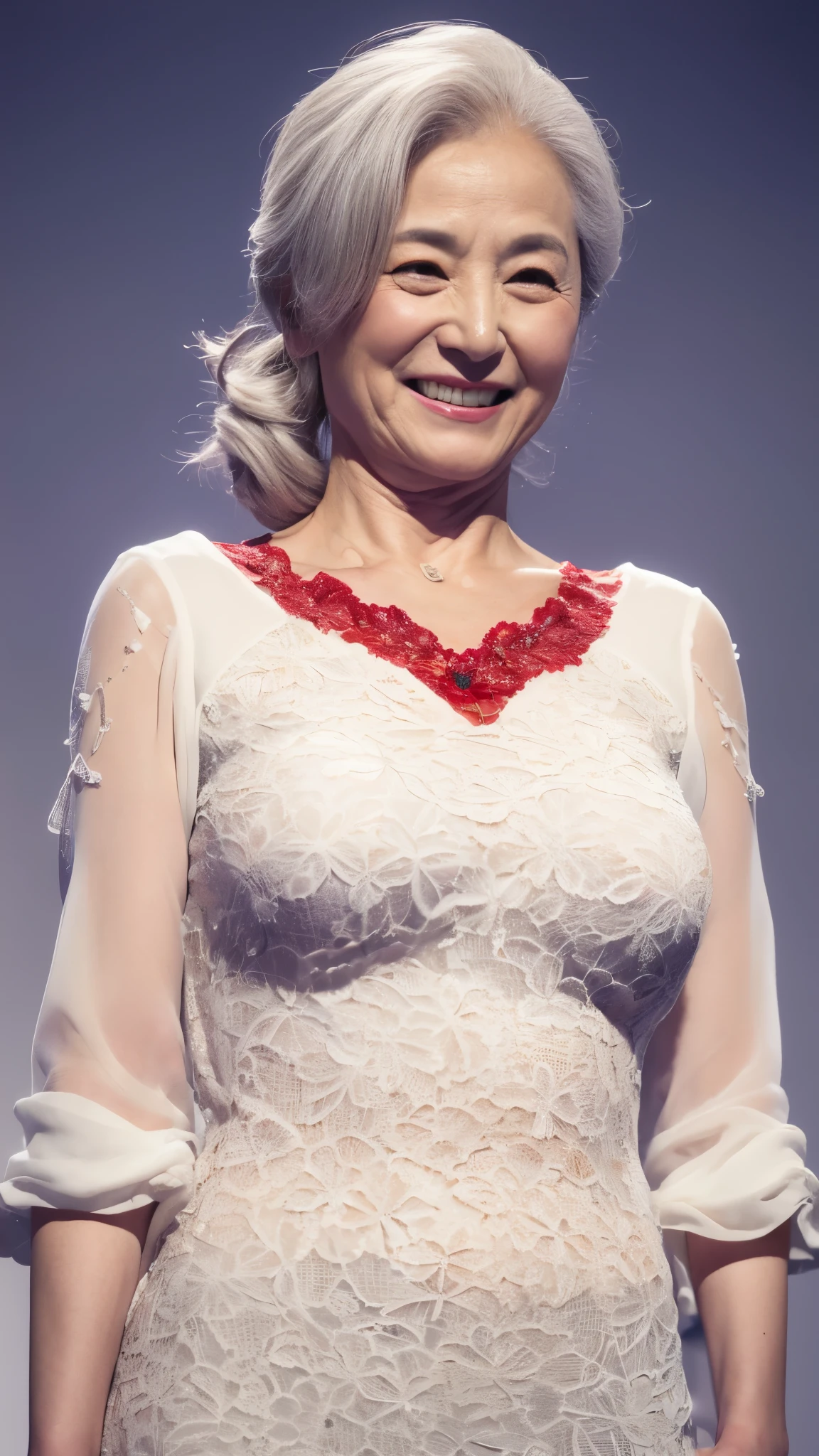 close-up of queens elizabeth 80yo, S is wearing a (white shiffon blouse:1.4) with a pearl necklace and a (black skirt). (She is sucking a penis:1.4). The background appears to be a room with a stone wall and a window.