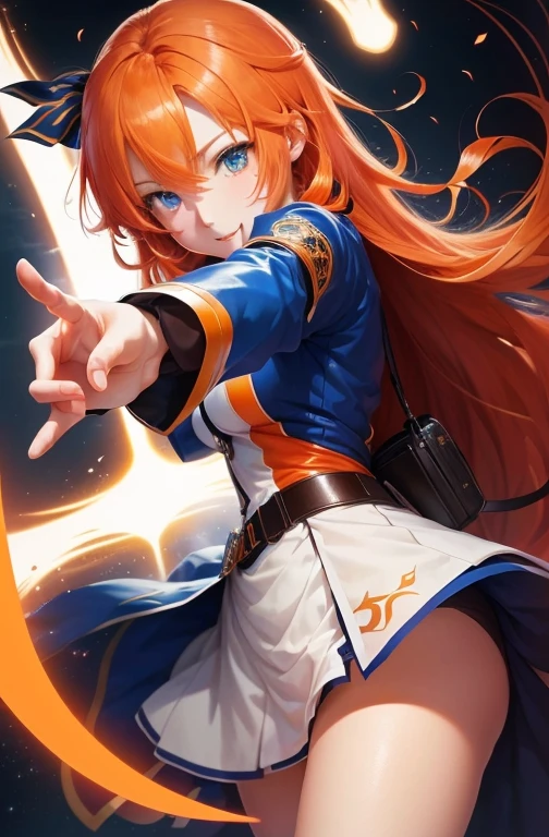 Anime character with orange hair and blue eyes pointing at something, Best Anime 4K Konachan Wallpaper, Official artwork, Gospel illustrations, Fine details. Girls' Frontline, Detailed Key Anime Art, Top rated on pixiv, high detailed Official artwork, Female protagonist 👀 :8, Portrait Anime Astronaut Girl, artstation pixivでトレンド, Anya from Spy x Family