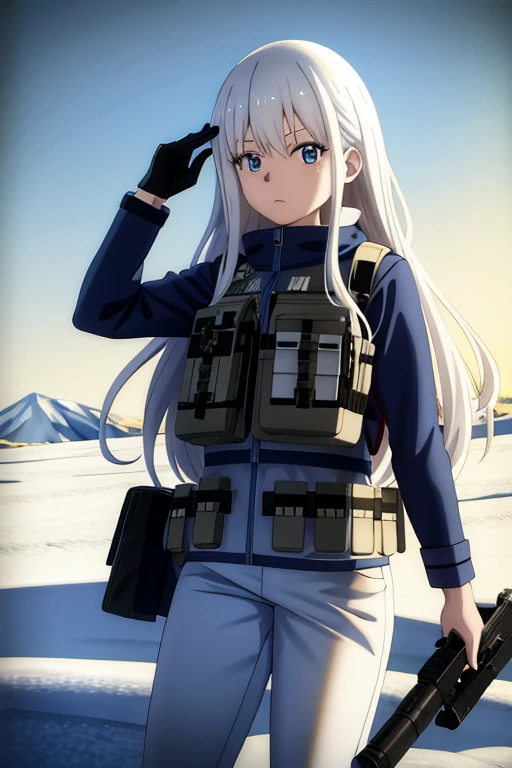 masterpiece, highest quality, High resolution, anime, art, Brush Sticker, Long Hair, Gray Hair, blue eyes. Camouflage, Bulletproof vest, Fluffy white winter hat, Camouflage white pants, Severe, Gun in hand, Outdoor, snowy mountain, snow, Flowers
