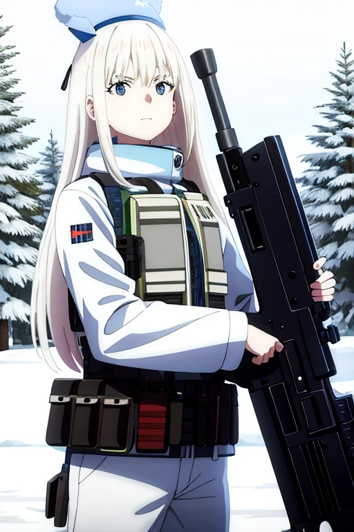 ((masterpiece, best quality)), (1girl), (solo), (female focus), white hair, long hair, Snow White Skin, blue eyes, glowing eyes, ((white camouflage clothing), (grey bulletproof vest)), fluffy white winter hat, (camouflage white pants), serious, extremely detailed, cute, intricate, outdoors, snowy mountain, snow, arms behind back, dynamic angle, Ink painting standing