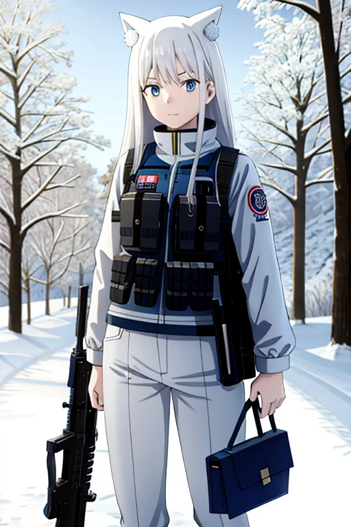 masterpiece, highest quality, High resolution, anime, art, Brush Sticker, Long Hair, Gray Hair, blue eyes. Camouflage, Bulletproof vest, Fluffy white winter hat, Camouflage white pants, Severe, Gun in hand, Outdoor, snowy mountain, snow, Flowers