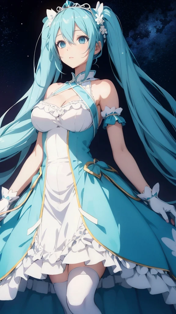 hatune miku VOCALOID, twin tails, light blue hair, light blue eyes, big breasts, white stockings, beautiful eyes, animated painting, 1princess, luxury dress, tiara, gown,