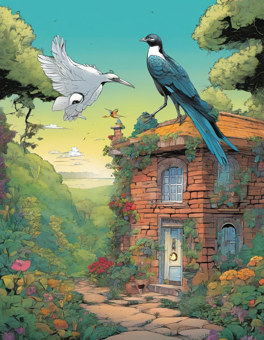 Um universo, uma casa de campo no meio da paisagem, a humanoid bird at the top of the chimney, four brothers in the garden, uma sombra maligna no fundo e um Deus dos sonhos flutuante 