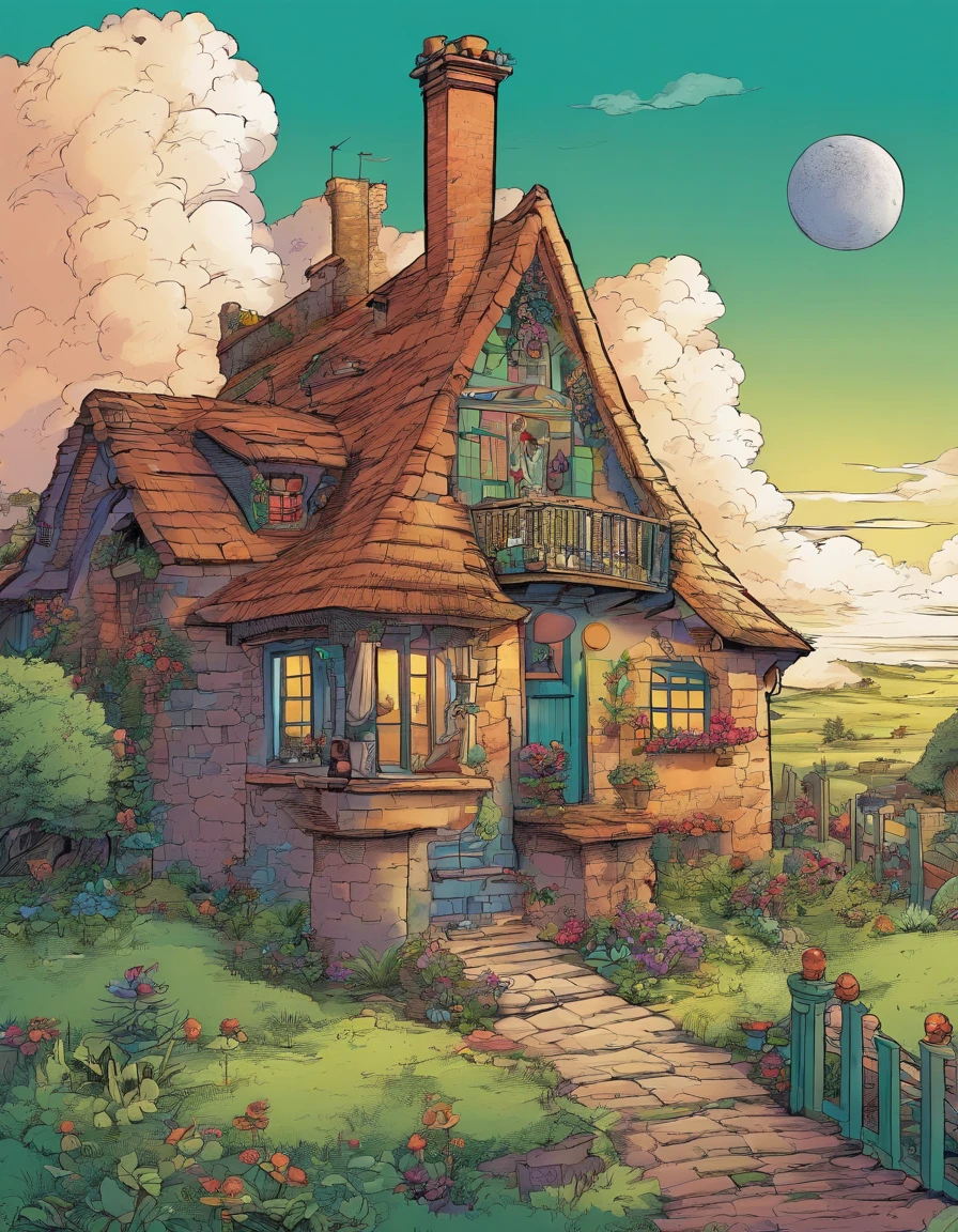 Um universo, uma casa de campo no meio da paisagem, a humanoid bird at the top of the chimney, four brothers in the garden, uma sombra maligna no fundo e um Deus dos sonhos flutuante
