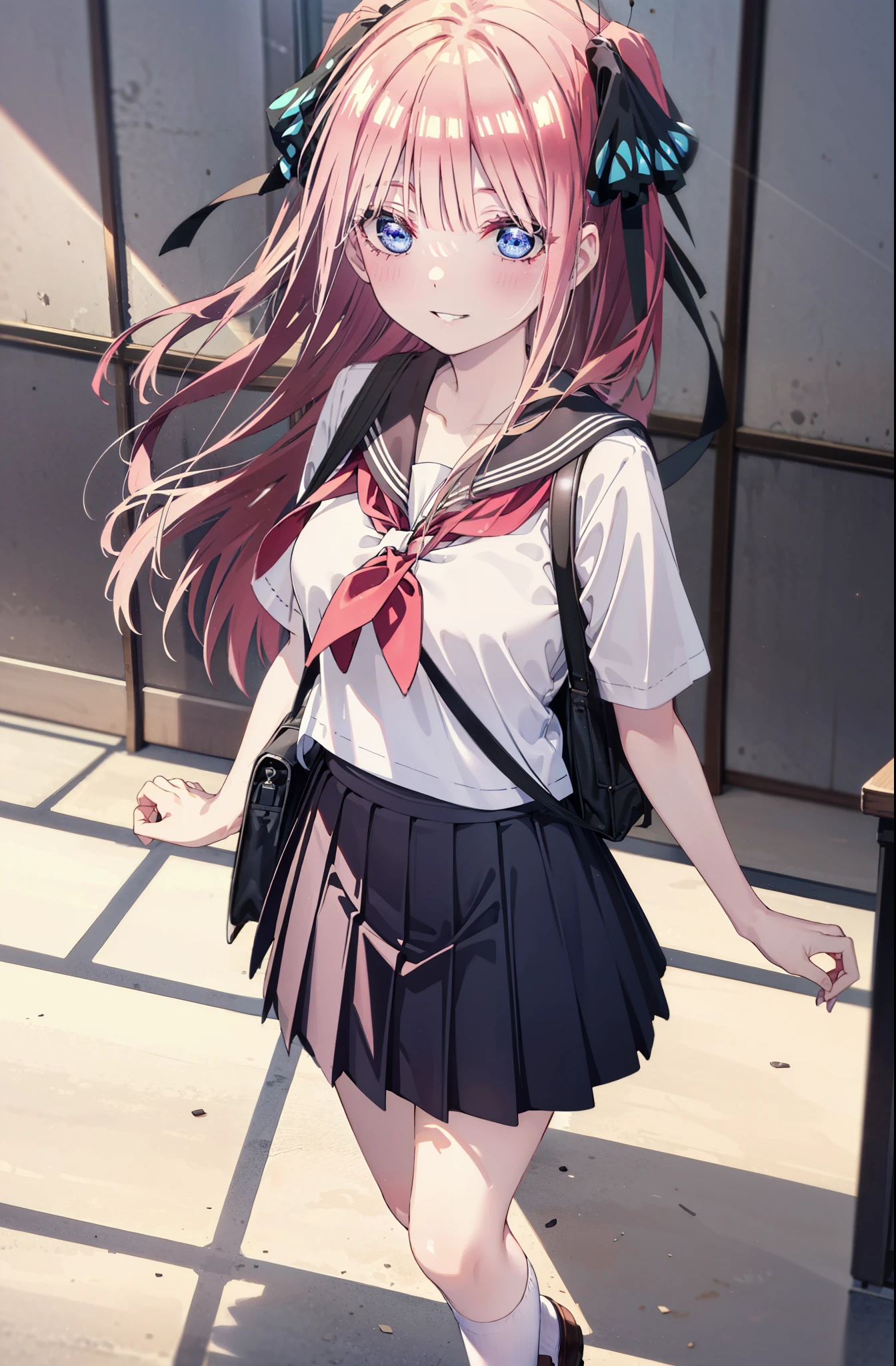 I was silent, nino nakano, Long Hair, bangs, blue eyes, hair ornaments, Hair Ribbon, Pink Hair, blunt bangs, Both sides up, butterfly hair ornaments,smile, Grin,Big Breasts,Japanese schoolgirl(Sailor suit),Short sleeve,Black pleated skirt,White loose socks,Brown Loafers,Daytime,sunny,whole bodyがイラストが入るように,Looking down from above,school bag,
break indoors, coffee shop,
break looking at viewer, whole body,
break (masterpiece:1.2), highest quality, High resolution, unity 8k wallpaper, (shape:0.8), (Beautiful details:1.6), Highly detailed face, Perfect lighting, Highly detailed CG, (Perfect hands, Perfect Anatomy),