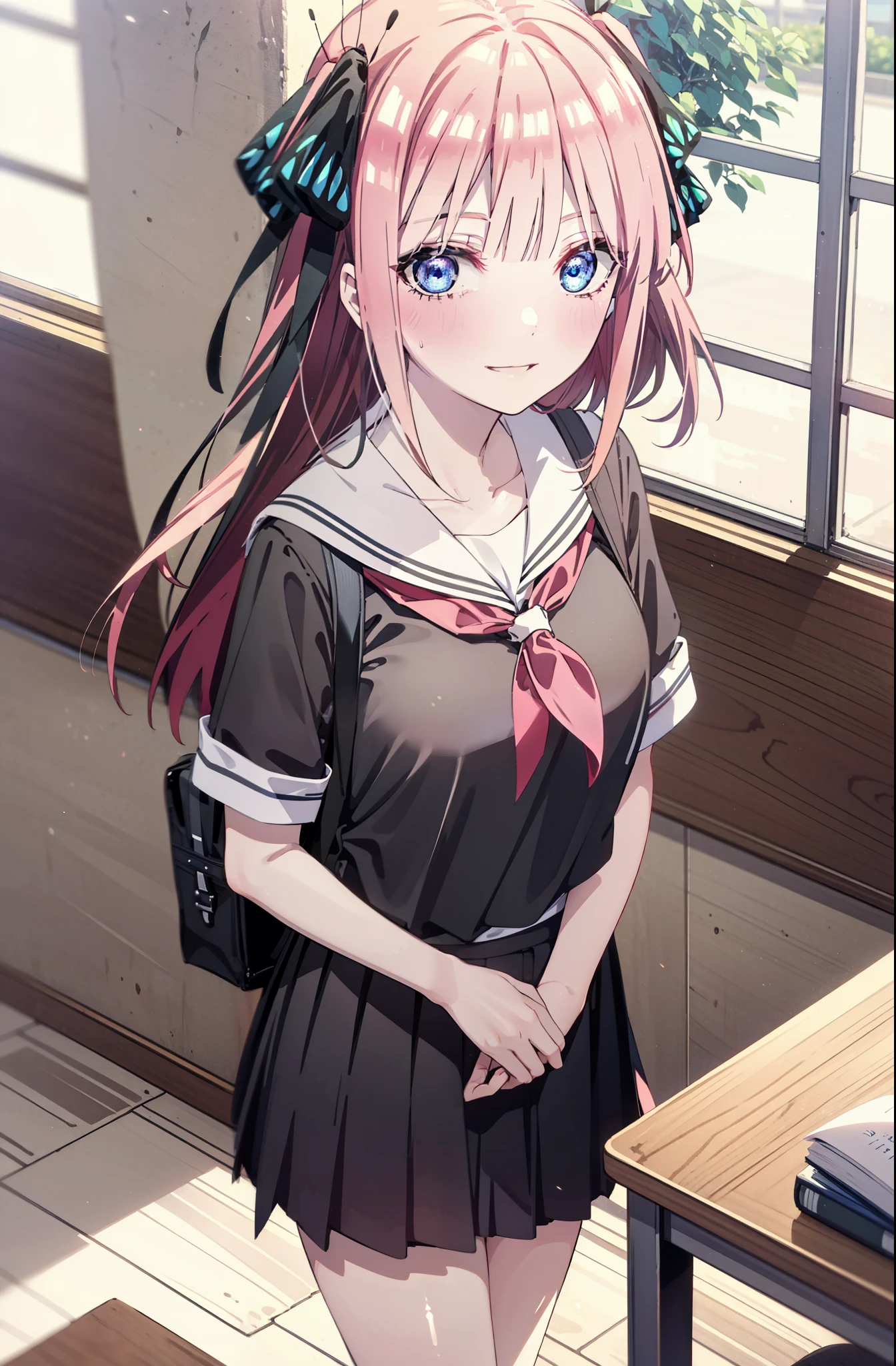 I was silent, nino nakano, Long Hair, bangs, blue eyes, hair ornaments, Hair Ribbon, Pink Hair, blunt bangs, Both sides up, butterfly hair ornaments,smile, Grin,Big Breasts,Japanese schoolgirl(Sailor suit),Short sleeve,Black pleated skirt,White loose socks,Brown Loafers,Daytime,sunny,whole bodyがイラストが入るように,Looking down from above,school bag,
break indoors, coffee shop,
break looking at viewer, whole body,
break (masterpiece:1.2), highest quality, High resolution, unity 8k wallpaper, (shape:0.8), (Beautiful details:1.6), Highly detailed face, Perfect lighting, Highly detailed CG, (Perfect hands, Perfect Anatomy),