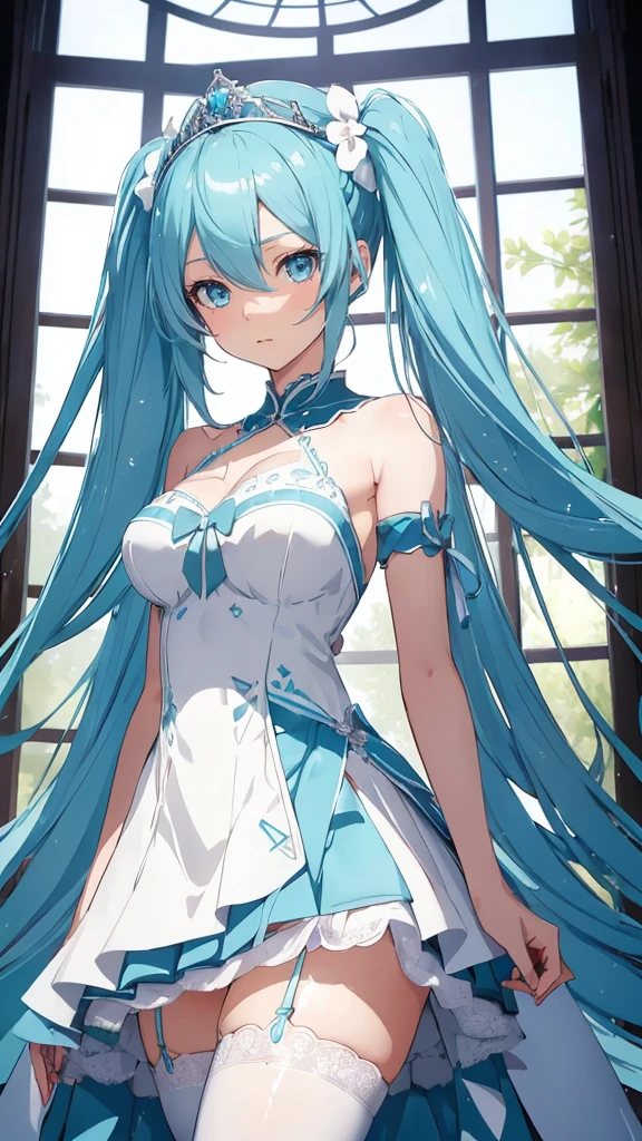 hatune miku VOCALOID, twin tails, light blue hair, light blue eyes, big breasts, white stockings, beautiful eyes, animated painting, 1princess, luxury dress, tiara, gown,