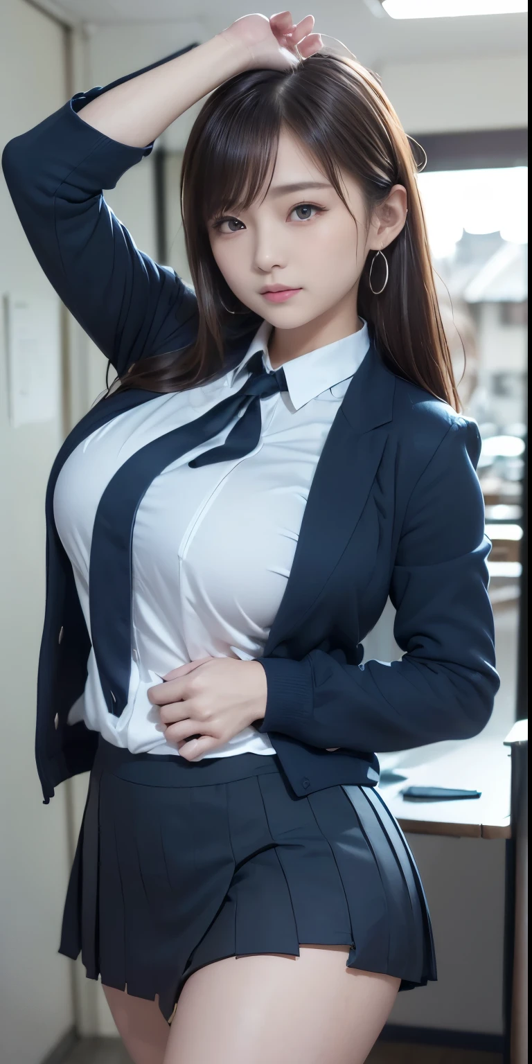 mix4, (16 K, Raw photography, Top image quality, ​masterpiece: 1.45), (realisitic, Photorealsitic: 1.37), one girls, cute little, A city scape,, profetional lighting, photon maping, school classrooms, physically-based renderingt, dark brown  hair,pony tail hairstyle, Well-groomed and beautiful eyes、((double eyelid))、Transcendent Cute Girl, (((student clothes、blazers、Long sleeve shirt worn by Japan high school girl、Ribbon Ties、Dark blue mini skirt,、Dark blue socks、Black loafers))), Top Quality Photos, hight resolution, 1080p, (clearface), (Detailed face description), (Detailed hand description), (​masterpiece), (Exquisite CG)、extreme light and shadows、dishevled hair、master work、abundant detail、(Fine facial features)、(top quality photo)、(masuter piece)、(A detailed eye)、Look in front of you、Fine clavicle、((Slender big))、(((Japan schoolgirls wear jackets and long-sleeved shirts)))、((Neat and clean idol))、((School Gate、school ground、School building in the background))、(Shooting from random perspectives)、(((Anyway cute)))、earrings、A big smile、Drawing the whole body from the knees、Do not draw nasolabial folds、(((Sports bags used by Japan schoolgirls)))、(Big breasts that hang down big:1.2)、Big buttocks with tension、Two arms and two legs、(((from the front side:0.7)))、bare hand、(((Left and right symmetrical eyes)))、Standing Pose、Put your hands on your desk、Do not take the tie out of the jacket、Raise your buttocks:1.5，barebacked:1.5，