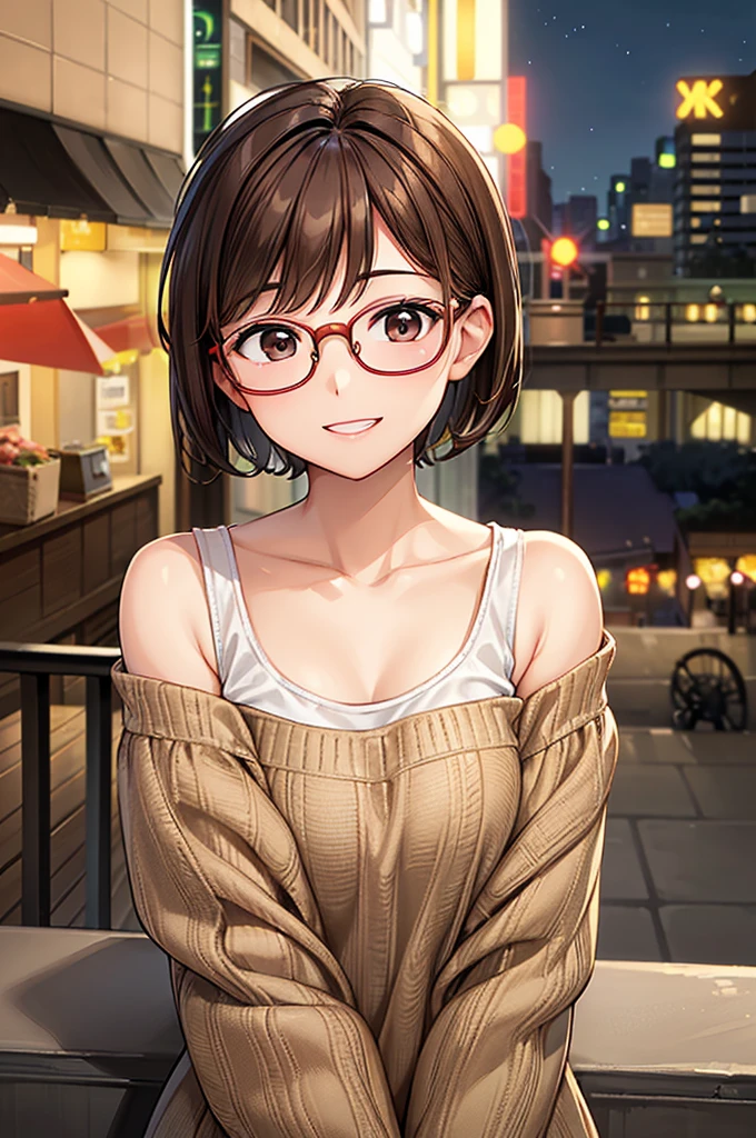 Masterpiece、High resolution、high resolution、High definition、1 female、Very close、((Depiction of only the upper body))、((Brown Hair、short hair、Pixie Cut))、((Round frame glasses))、A kind smile、Smiling with teeth showing、((Late night city))、