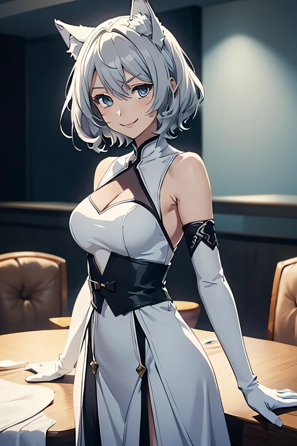 Tabletop Best image quality wonderful Attention to detail One Young Woman((Adult))Anime Style whole body White long dress(Sleeveless) White long gloves(Elbow Gloves) Wolf Ears short hair((Shortcuts)(Gray Hair)(Curly Hair)(fluffy)) smile(Happy) Eye color is blue background(Hotel) Are standing