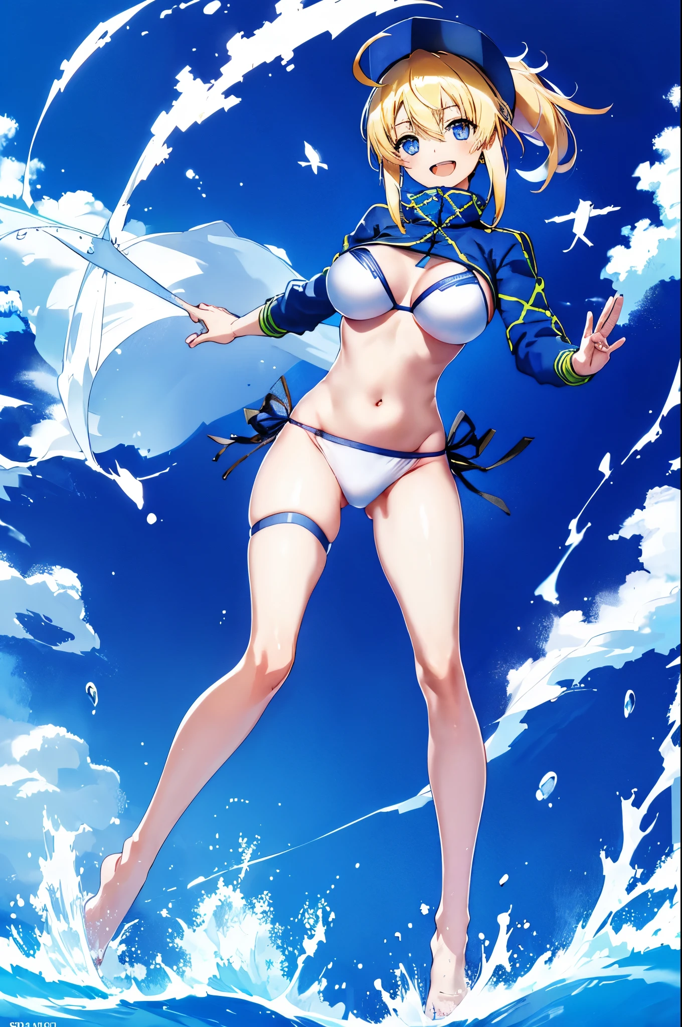 masterpiece,(ultra-detailed),1girl, mysterious heroine xx \(fate\), half_eyes,smile,open mouth, swimsuit, white bikini, side-tie bikini bottom, shrug \(clothing\), jacket,  thigh strap, wristband,  large_breasts, ocean, splashing,blonde_ponytail,open_legs,cap,happiness,standing,