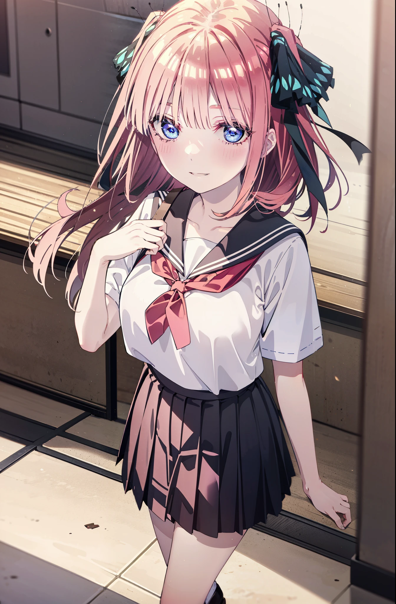 I was silent, nino nakano, Long Hair, bangs, blue eyes, hair ornaments, Hair Ribbon, Pink Hair, blunt bangs, Both sides up, butterfly hair ornaments,smile, Grin,Big Breasts,Japanese schoolgirl(Sailor suit),Short sleeve,Black pleated skirt,White loose socks,Brown Loafers,Daytime,sunny,whole bodyがイラストが入るように,Looking down from above,
break indoors, coffee shop,
break looking at viewer, whole body,
break (masterpiece:1.2), highest quality, High resolution, unity 8k wallpaper, (shape:0.8), (Beautiful details:1.6), Highly detailed face, Perfect lighting, Highly detailed CG, (Perfect hands, Perfect Anatomy),