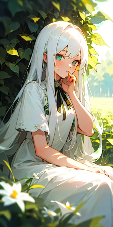 (masterpiece, highest quality),One girl with long white hair sitting in a field of green plants and flowers, She placed her hand under her chin, Warm lighting, White Dress, Blurred foreground