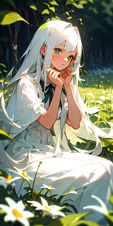 (masterpiece, highest quality),One girl with long white hair sitting in a field of green plants and flowers, She placed her hand under her chin, Warm lighting, White Dress, Blurred foreground