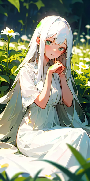 (masterpiece, highest quality),One girl with long white hair sitting in a field of green plants and flowers, She placed her hand under her chin, Warm lighting, White Dress, Blurred foreground