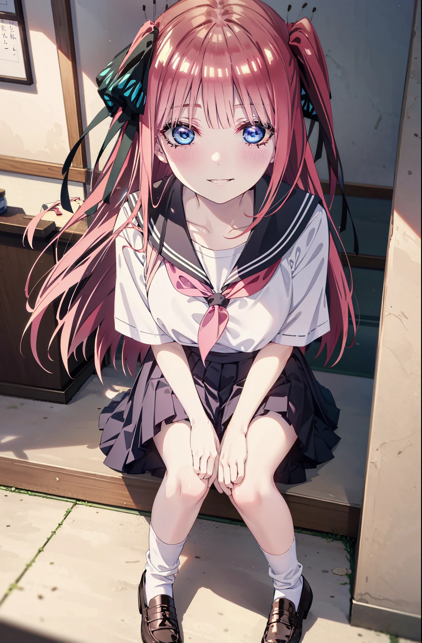 I was silent, nino nakano, Long Hair, bangs, blue eyes, hair ornaments, Hair Ribbon, Pink Hair, blunt bangs, Both sides up, butterfly hair ornaments,smile, Grin,Big Breasts,Japanese schoolgirl(Sailor suit),Short sleeve,Black pleated skirt,White loose socks,Brown Loafers,Daytime,sunny,whole bodyがイラストが入るように,Looking down from above,
break indoors, coffee shop,
break looking at viewer, whole body,
break (masterpiece:1.2), highest quality, High resolution, unity 8k wallpaper, (shape:0.8), (Beautiful details:1.6), Highly detailed face, Perfect lighting, Highly detailed CG, (Perfect hands, Perfect Anatomy),