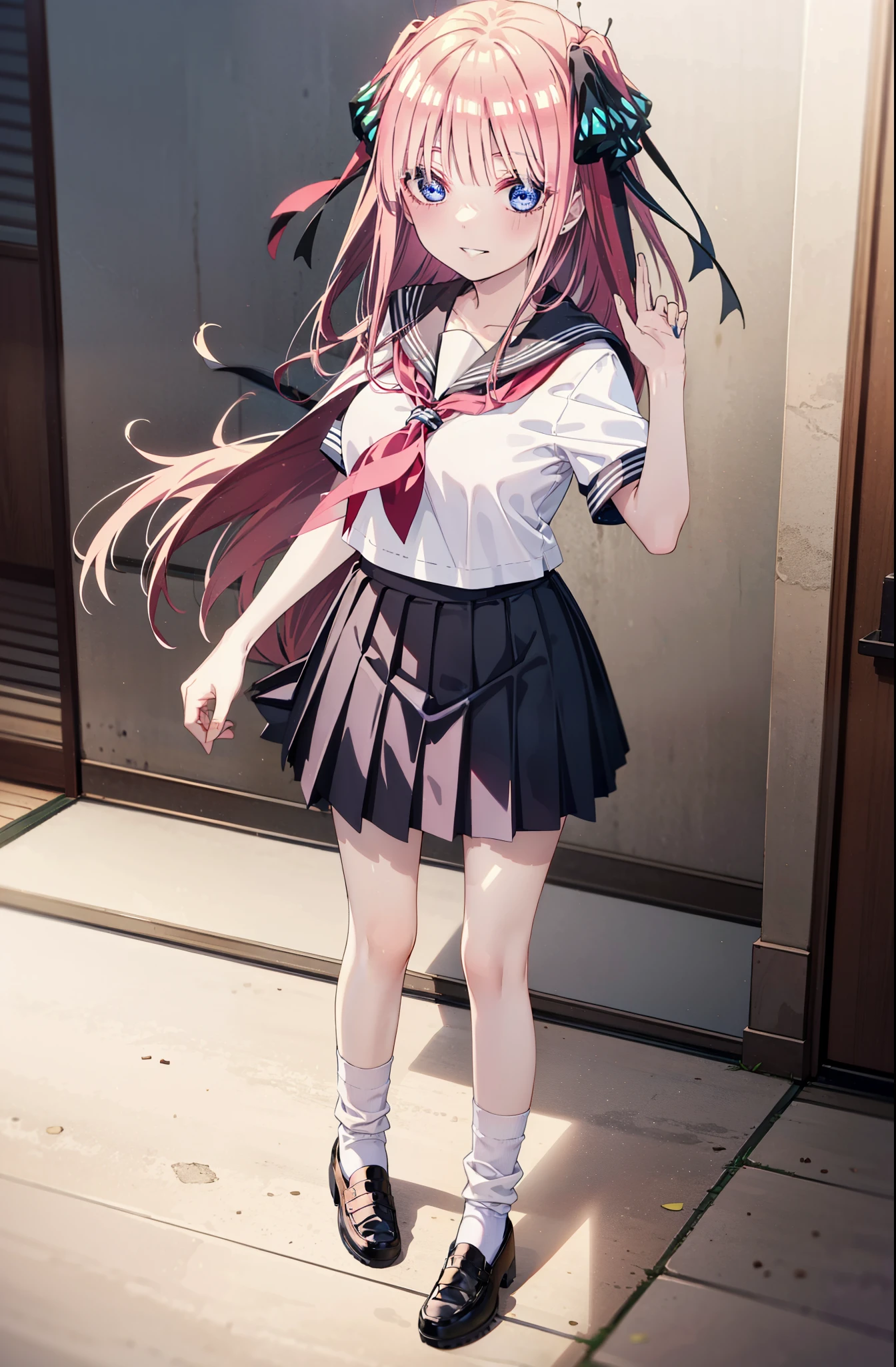 I was silent, nino nakano, Long Hair, bangs, blue eyes, hair ornaments, Hair Ribbon, Pink Hair, blunt bangs, Both sides up, butterfly hair ornaments,smile, Grin,Big Breasts,Japanese schoolgirl(Sailor suit),Short sleeve,Black pleated skirt,White loose socks,Brown Loafers,Daytime,sunny,whole bodyがイラストが入るように,Looking down from above,
break indoors, coffee shop,
break looking at viewer, whole body,
break (masterpiece:1.2), highest quality, High resolution, unity 8k wallpaper, (shape:0.8), (Beautiful details:1.6), Highly detailed face, Perfect lighting, Highly detailed CG, (Perfect hands, Perfect Anatomy),