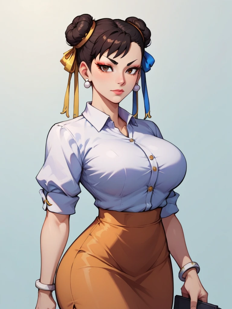 score_9, score_8_up, score_7_up, BREAK, chun-li, chunliSDXL,1girl, solo, big breasts, looking at viewer, black hair, brown eyes, jewelry, earrings, hair bun, black heels, bracelet, double bun, makeup, office lady outfit, shirt, white tight shirt, skirt, black pencil skirt, black tights, cowboy shot, upper body